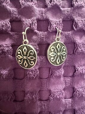 Sterling-Look Floral Medallion Drop Earrings in Purple